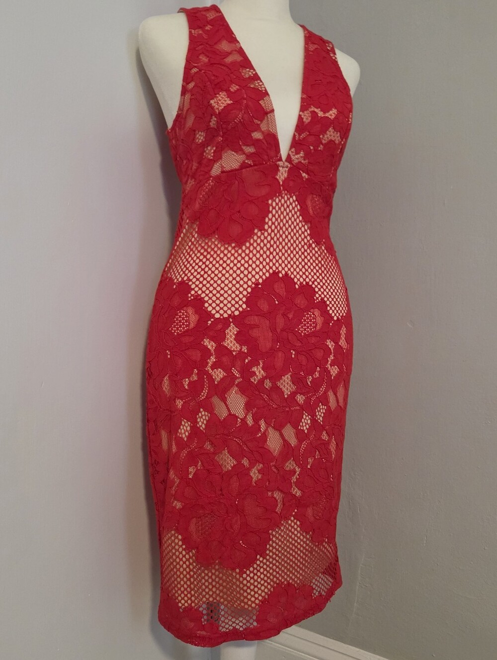 Boutique Red Lace Plunge Sheath Party Cocktail Tight Sexy Dress Small